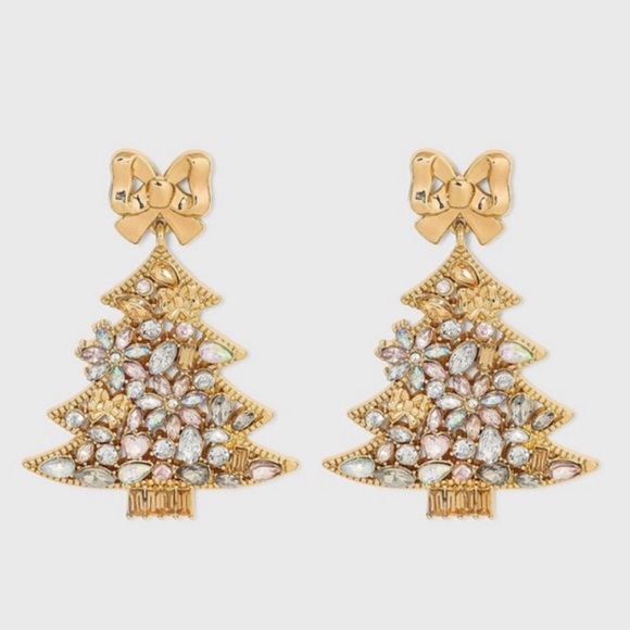 ♥️… Holiday Crystal Bow Christmas Tree Drop Earrings Metallic Gold - Picture 1 of 7